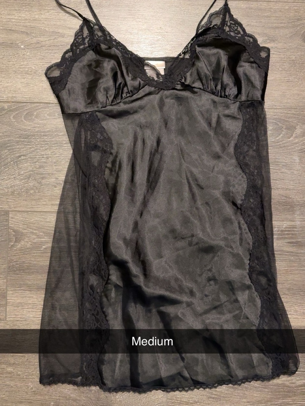 Black Lace-Trim Satin Chemise with Sheer Panels